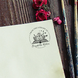 Modern Script Bookplate, Botanical Book  Rubber Stamp