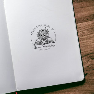 Modern Script Bookplate, Botanical Book Rubber Stamp