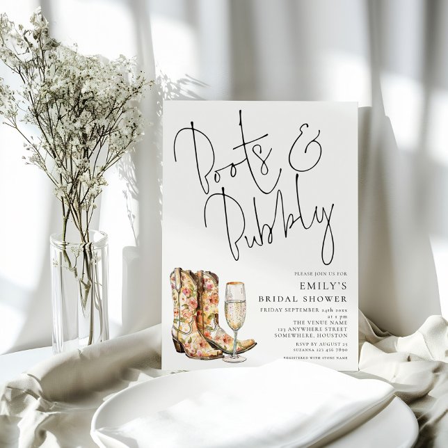 Modern Script Boots Bubbly Bridal Shower Invitation (Creator Uploaded)