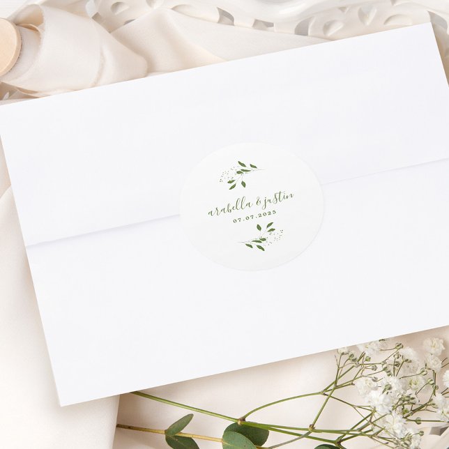 Modern Script Botanical Greenery Wedding Classic Round Sticker (Creator Uploaded)