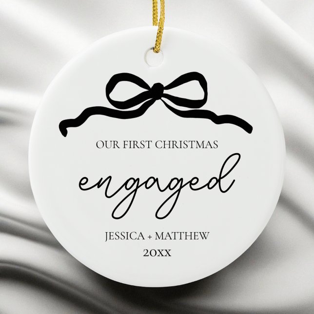 Modern Script Bow First Christmas Engaged Photo Ceramic Ornament (Modern Script Bow First Christmas Engaged Photo Ceramic Ornament)
