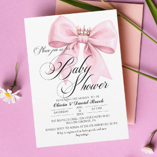 Modern Script Bow Pink Baby Shower Invitation
