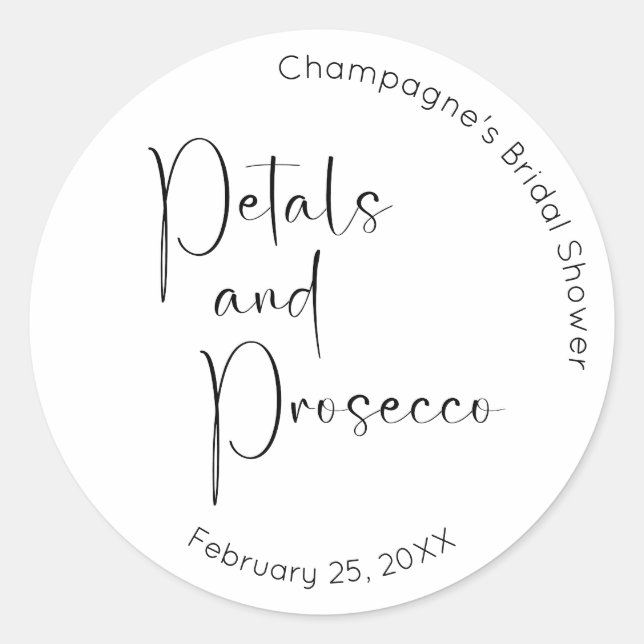 Modern Script Bridal Shower Petals and Prosecco Classic Round Sticker (Front)