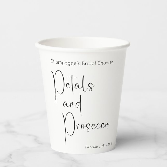 Modern Script Bridal Shower Petals and Prosecco Paper Cups (Front)