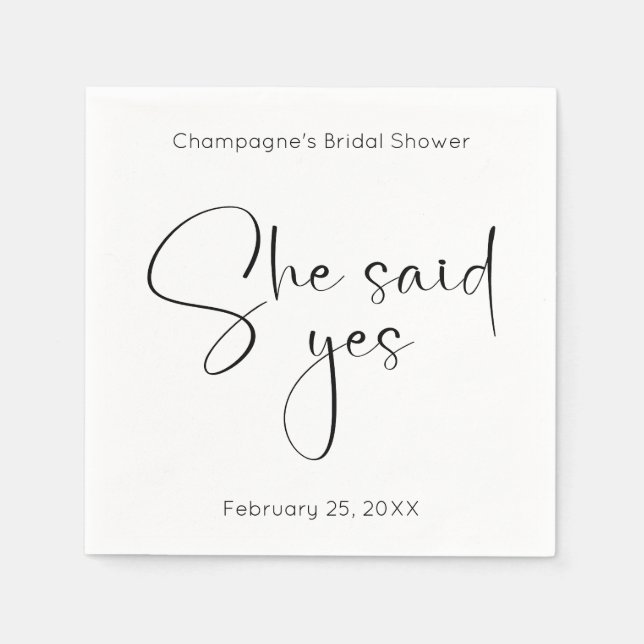 Modern Script Bridal Shower She Said Yes Napkin (Front)