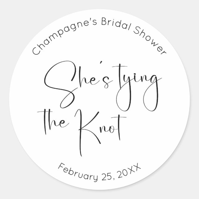 Modern Script Bridal Shower She's Tying the Knot Classic Round Sticker (Front)