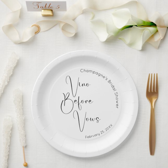 Modern Script Bridal Shower Vino Before Vows Paper Plate (Wedding)