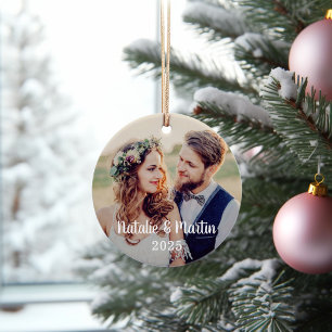 Modern Script Bride and Groom Wedding Photo Ornament
