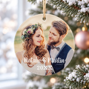 Modern Script Bride and Groom Wedding Photo Ornament