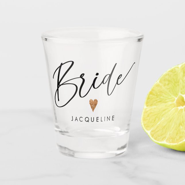 Modern Script Bride Rose Gold Heart Script w Name Shot Glass (Front)