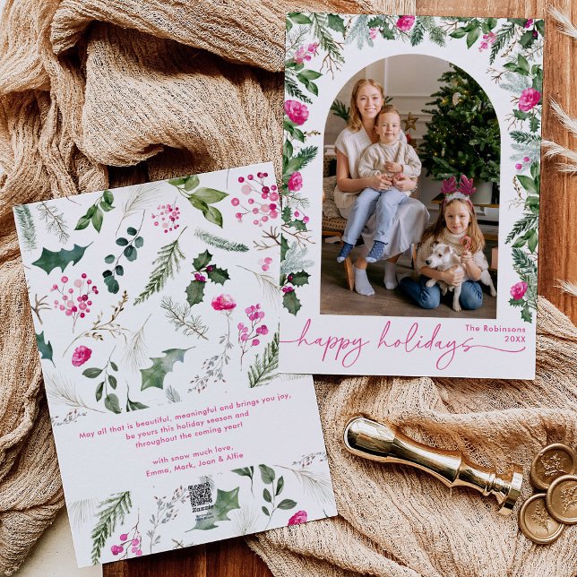 Modern Script Bright Pink Greenery Arch 1 Photo Holiday Card (Creator Uploaded)