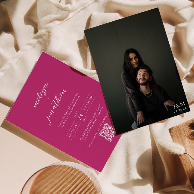 Modern Script Bright Pink Monogram QR code Wedding Invitation (Creator Uploaded)