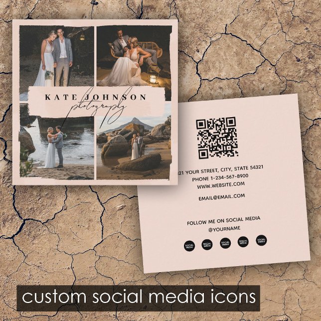 Modern Script Brush Blush Pink Photos Photographer Square Business Card (Modern Script Brush Blush Pink Photos Photographer Square Business Card)