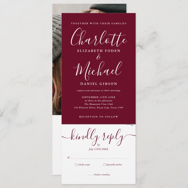 Modern Script Burgundy All In One Photo Wedding  Invitation (Front/Back)