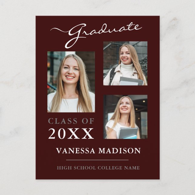 Modern Script Burgundy Graduate Announcement Postcard (Front)
