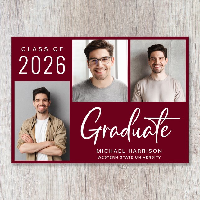 Modern Script Burgundy Photo Graduation Announcement (Cherish the milestone: share your graduate's achievement with a custom photo graduation announcement)