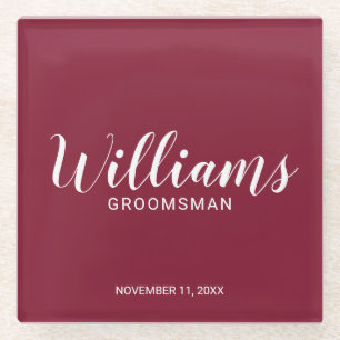 Modern Script Burgundy Red Personalized Groomsman Glass Coaster