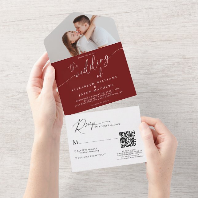 Modern Script Burgundy Red Photo QR Code Wedding All In One Invitation (Tearaway)