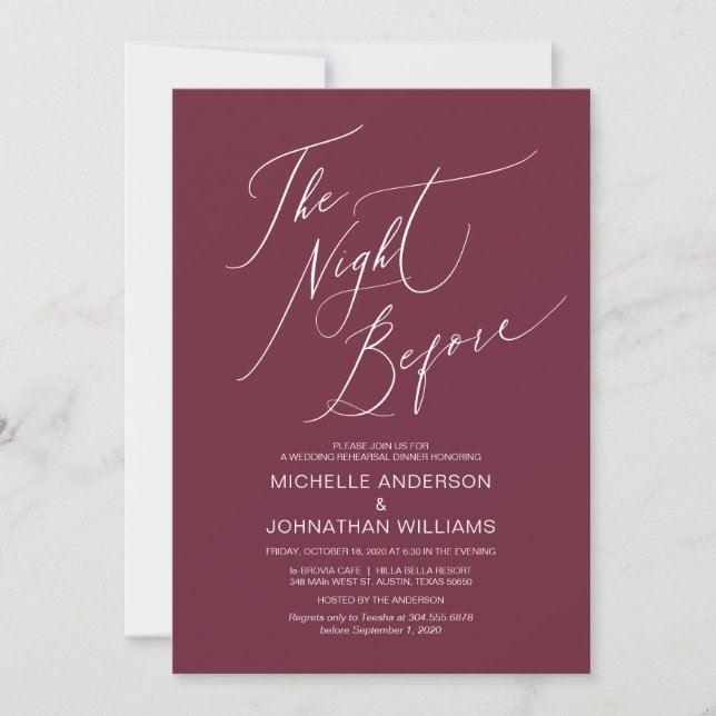 Modern Script, Burgundy, Wedding Rehearsal Dinner Invitation (Front)