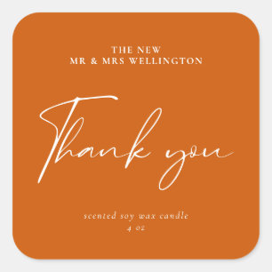 Modern Script Burnt Orange Wedding Favour Candle Square Sticker