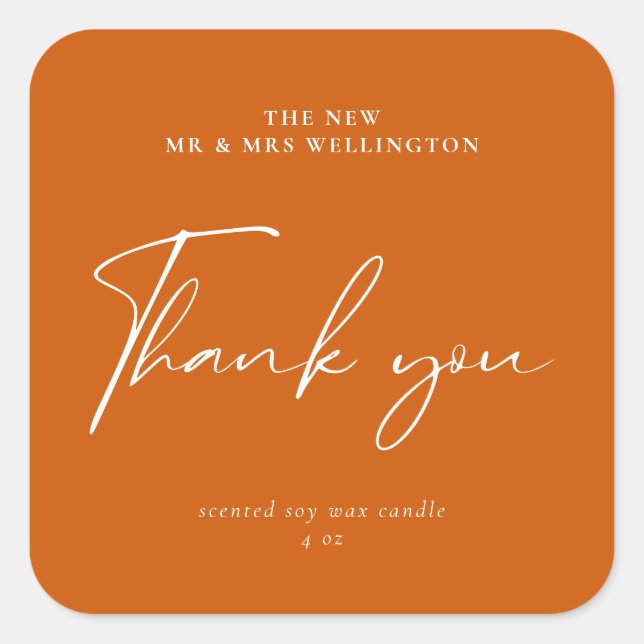 Modern Script Burnt Orange Wedding Favour Candle Square Sticker (Front)