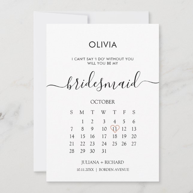 Modern Script Calendar Bridesmaid Proposal Invitation (Front)