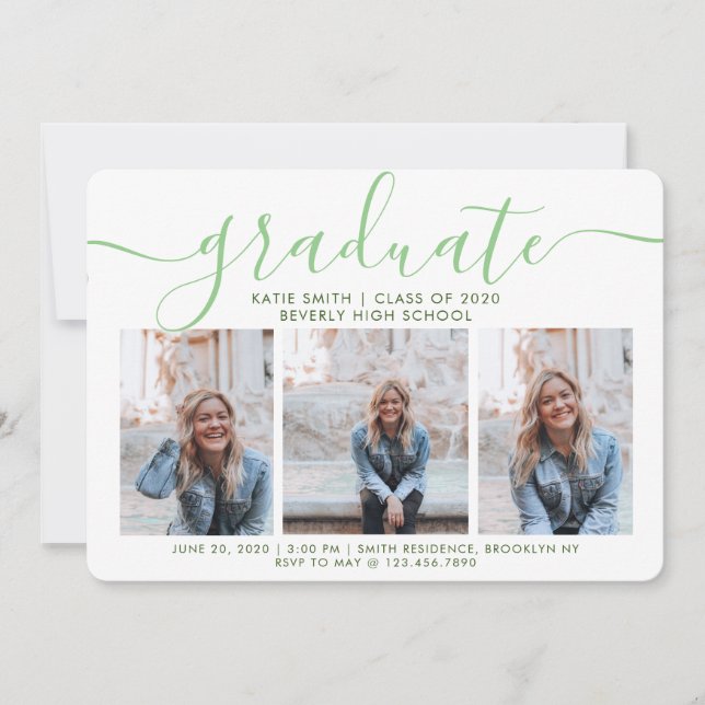 Modern Script Caliigraphy 3 Photo Graduation Invitation (Front)