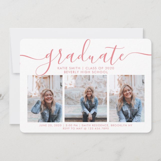 Modern Script Caliigraphy 3 Photo Graduation Invitation (Front)