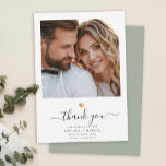 Modern Script Calligraphy Gold Heart Wedding Photo Thank You Card<br><div class="desc">This modern chic gold heart thank you note features hand-lettered script calligraphy alongside your names in elegant serif typography under your favourite wedding photo. This is the dusty sage green and white version.</div>
