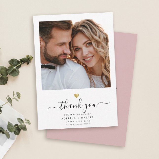 Modern Script Calligraphy Gold Heart Wedding Photo Thank You Card (Creator Uploaded)