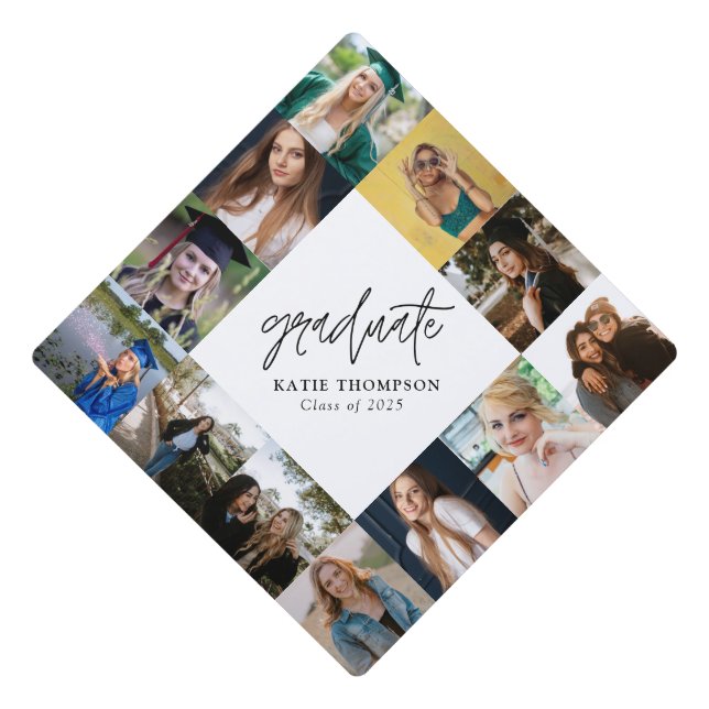 Modern Script Calligraphy Graduate Photo Collage Graduation Cap Topper (Front)