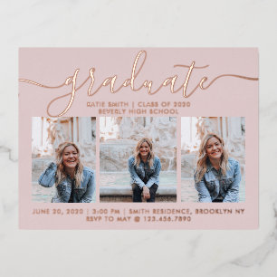 Modern Script Calligraphy Graduation 3 Photo Foil Invitation Postcard
