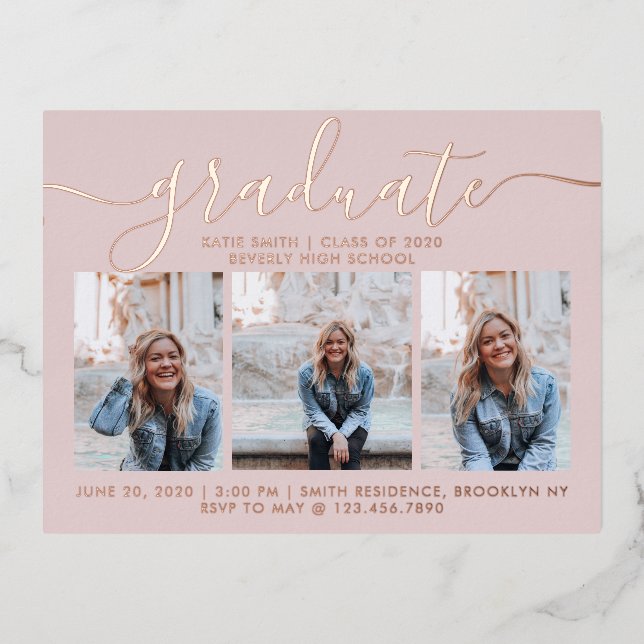 Modern Script Calligraphy Graduation 3 Photo Foil Invitation Postcard (Front)