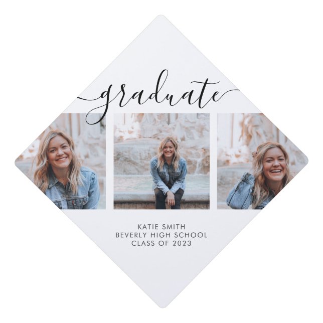 Modern Script Calligraphy Graduation 3 Photo Graduation Cap Topper (Front)