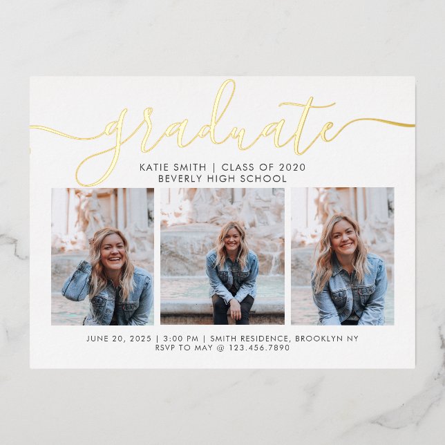 Modern Script Calligraphy Graduation 3 Photo Invit Foil Holiday Postcard (Front)