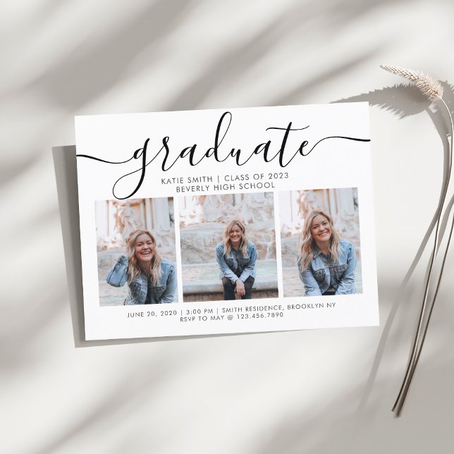 Modern Script Calligraphy Graduation 3 Photo Invitation Postcard (Creator Uploaded)