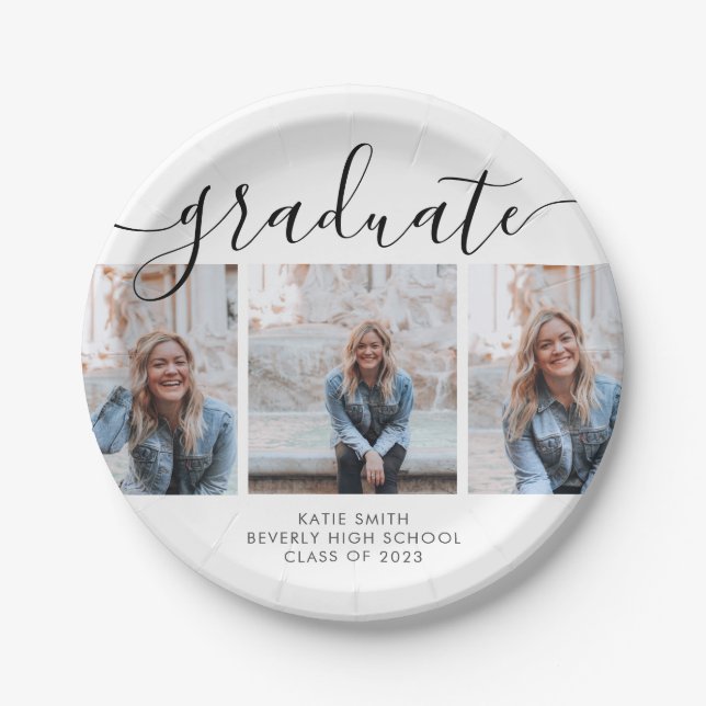 Modern Script Calligraphy Graduation 3 Photo Paper Plate (Front)
