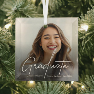 Modern Script Calligraphy Graduation Photo Glass Ornament