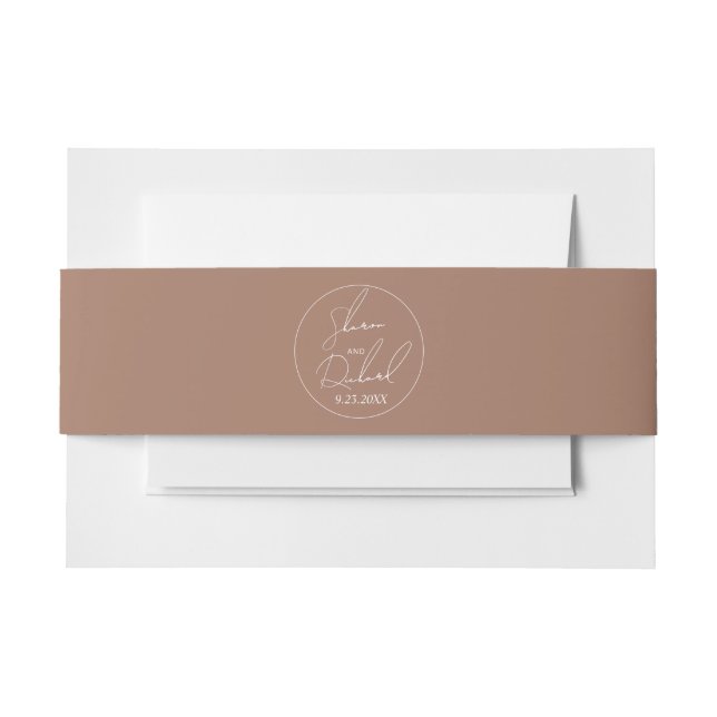 Modern script calligraphy mocha minimalist wedding invitation belly band (Front Example)