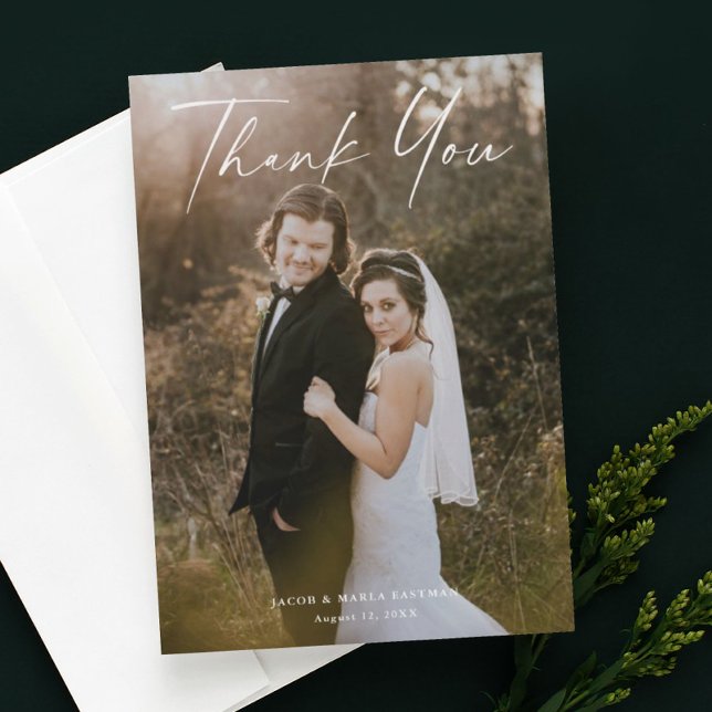 Modern Script Calligraphy Photo Wedding Thank You  Invitation (Modern script wedding photo thank you card.)