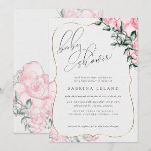 Modern Script Calligraphy Pink Rose Baby Shower Invitation
