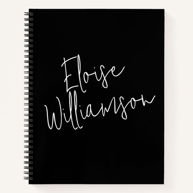 Modern Script Calligraphy Simple Custom Name Black Notebook (Front)