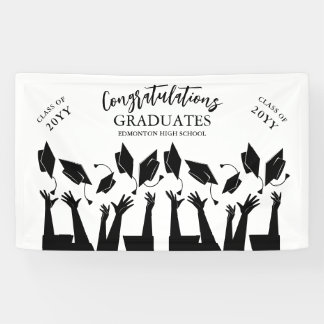 Modern Script Cap Toss White Graduation Party Banner