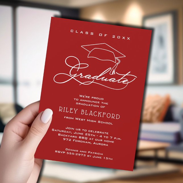 Modern Script Cardinal Red Graduation Announcement (Cardinal red graduation announcement cards feature your details in chic white lettering.)
