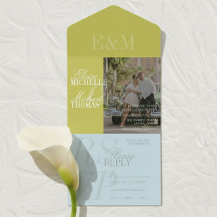 Modern Script Chartreuse and Blue Wedding All In One Invitation