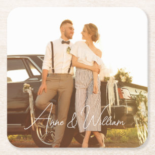 Modern Script Cheers To Love Photo Wedding Square Paper Coaster