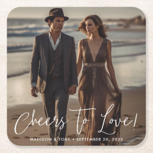 Modern Script Cheers To Love Photo Wedding Square Paper Coaster
