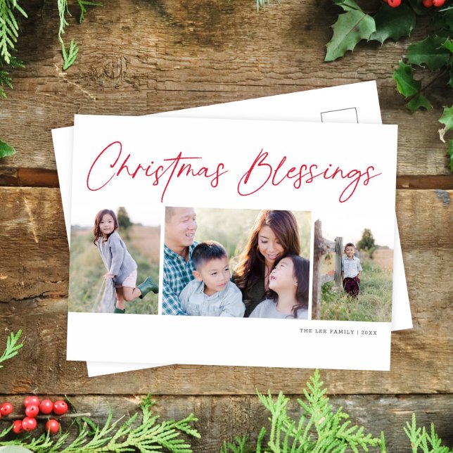 Modern Script Christmas Blessings Three Photo Holiday Postcard (Creator Uploaded)