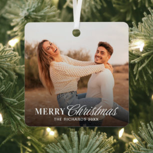 Modern Script Christmas Couple Photo Metal Ornament