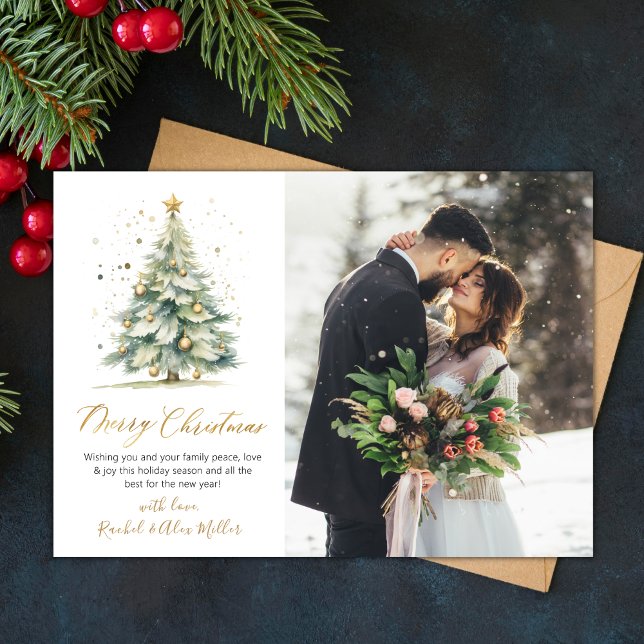 Modern Script Christmas Tree 2 Photo Christmas  Holiday Card (Creator Uploaded)